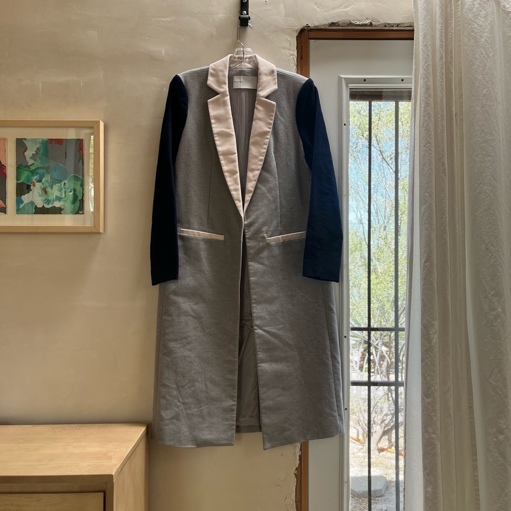 BLDWN Chic Gray and Navy Long Coat with Cream Accents